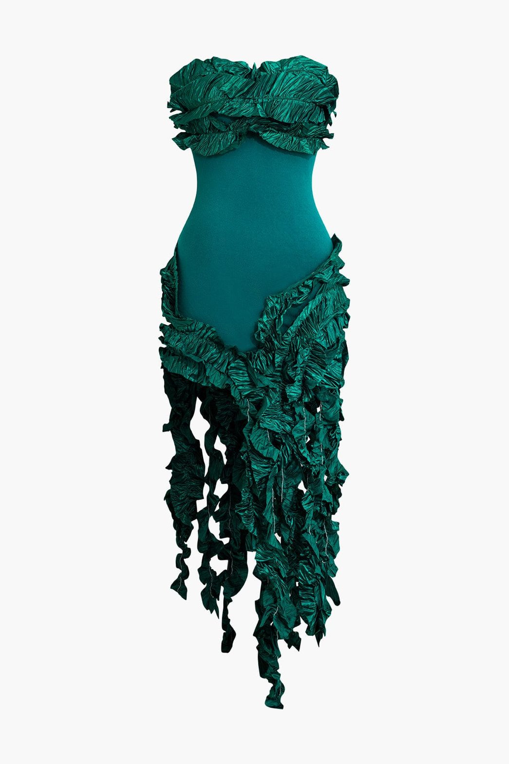 Robe midi émeraude à volants cascade velours