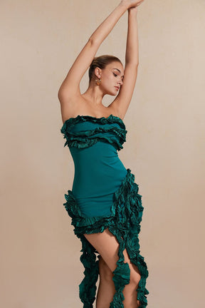 Robe Midi Élégante à Volants Émeraude