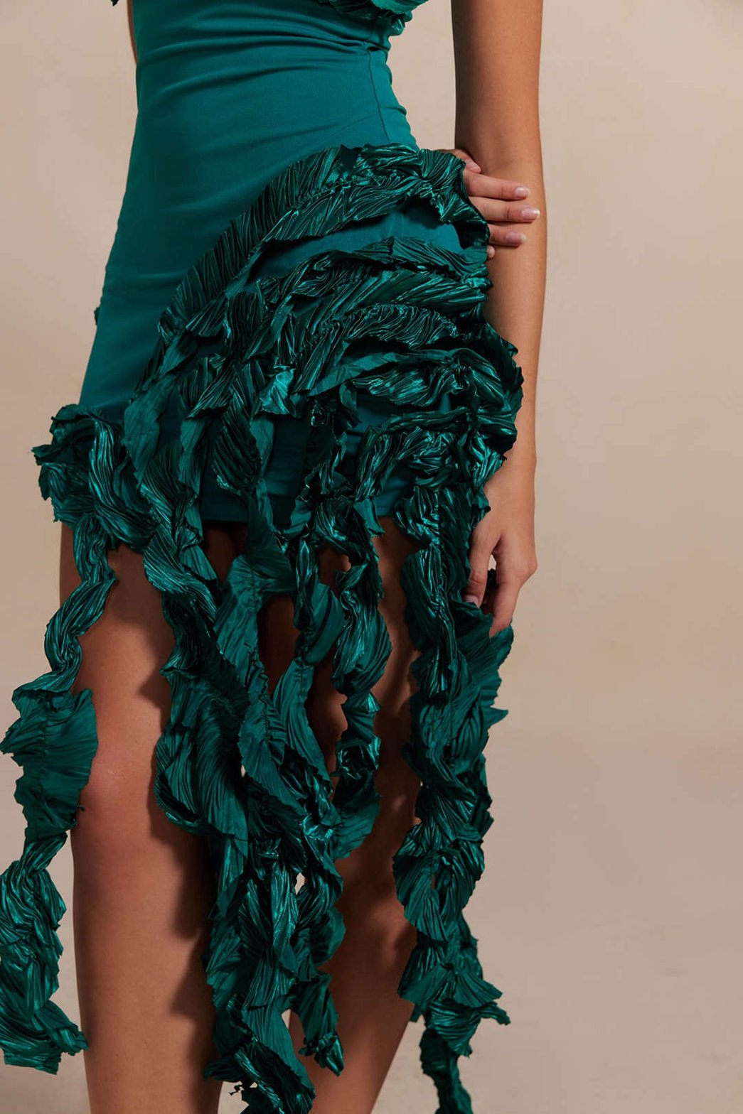 Robe Midi Élégante à Volants Émeraude