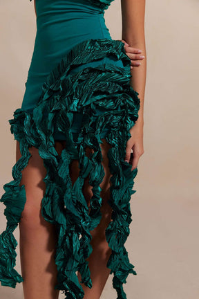Robe Midi Élégante à Volants Émeraude