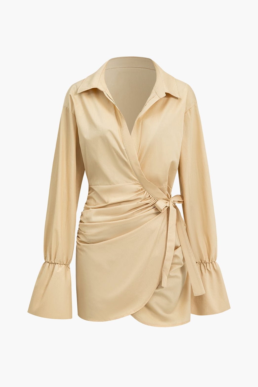 Robe mini manches cloche beige vue de côté soleil
