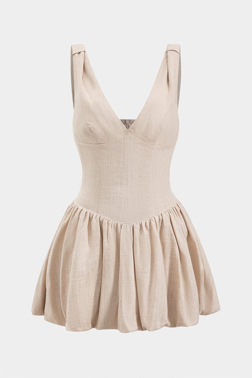 Robe mini plissée en lin beige vue de face soleil