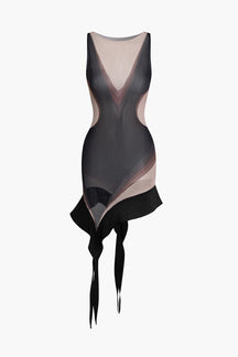Robe moulante asymétrique motif abstrait noir et beige velours