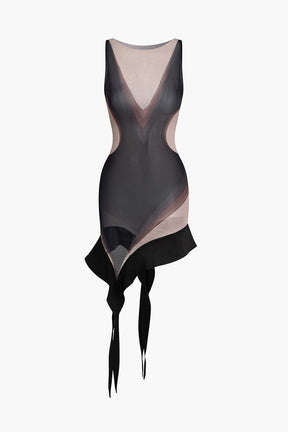 Robe moulante asymétrique motif abstrait noir et beige velours