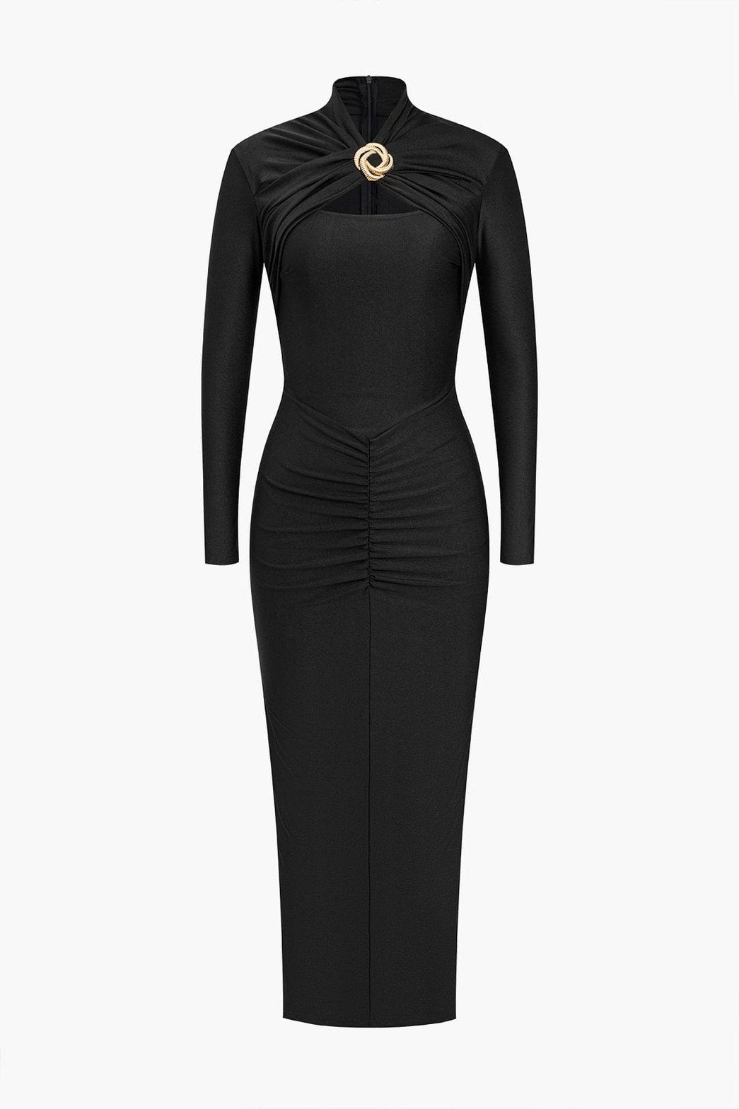 Robe moulante noire élégante avec détail doré brillant