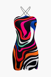 Robe moulante motif abstrait multicolore danse