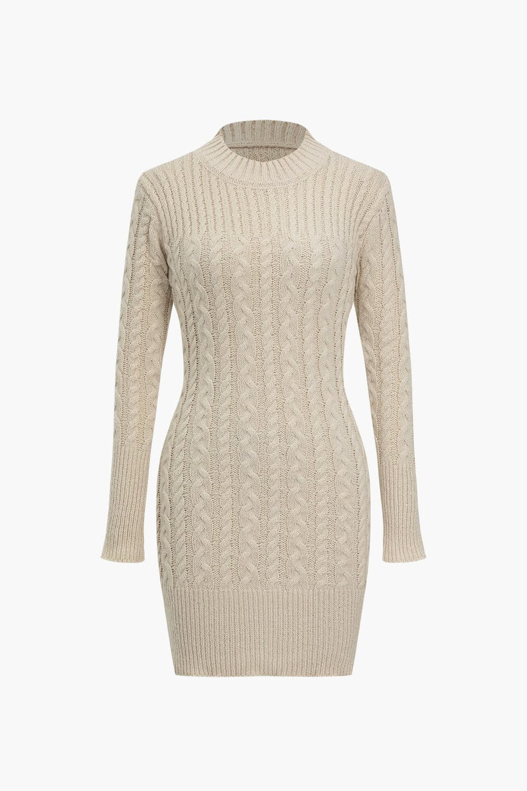 Robe pull tricotée beige ajustée vue de face soleil
