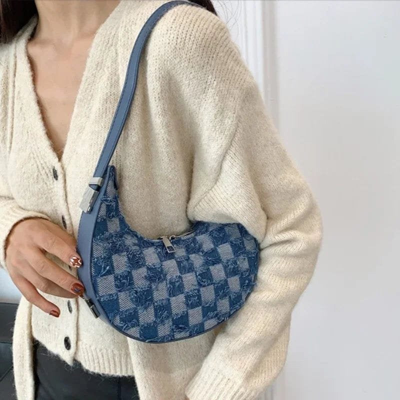 Sac baguette damier bleu vue dos vague