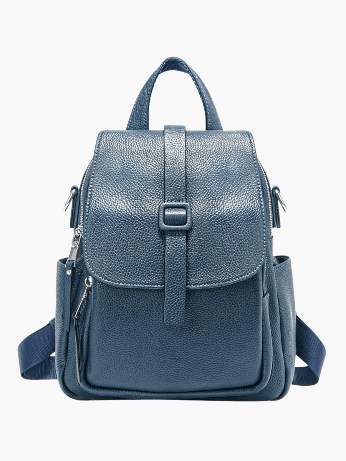 Sac à dos en cuir bleu vue avant soleil