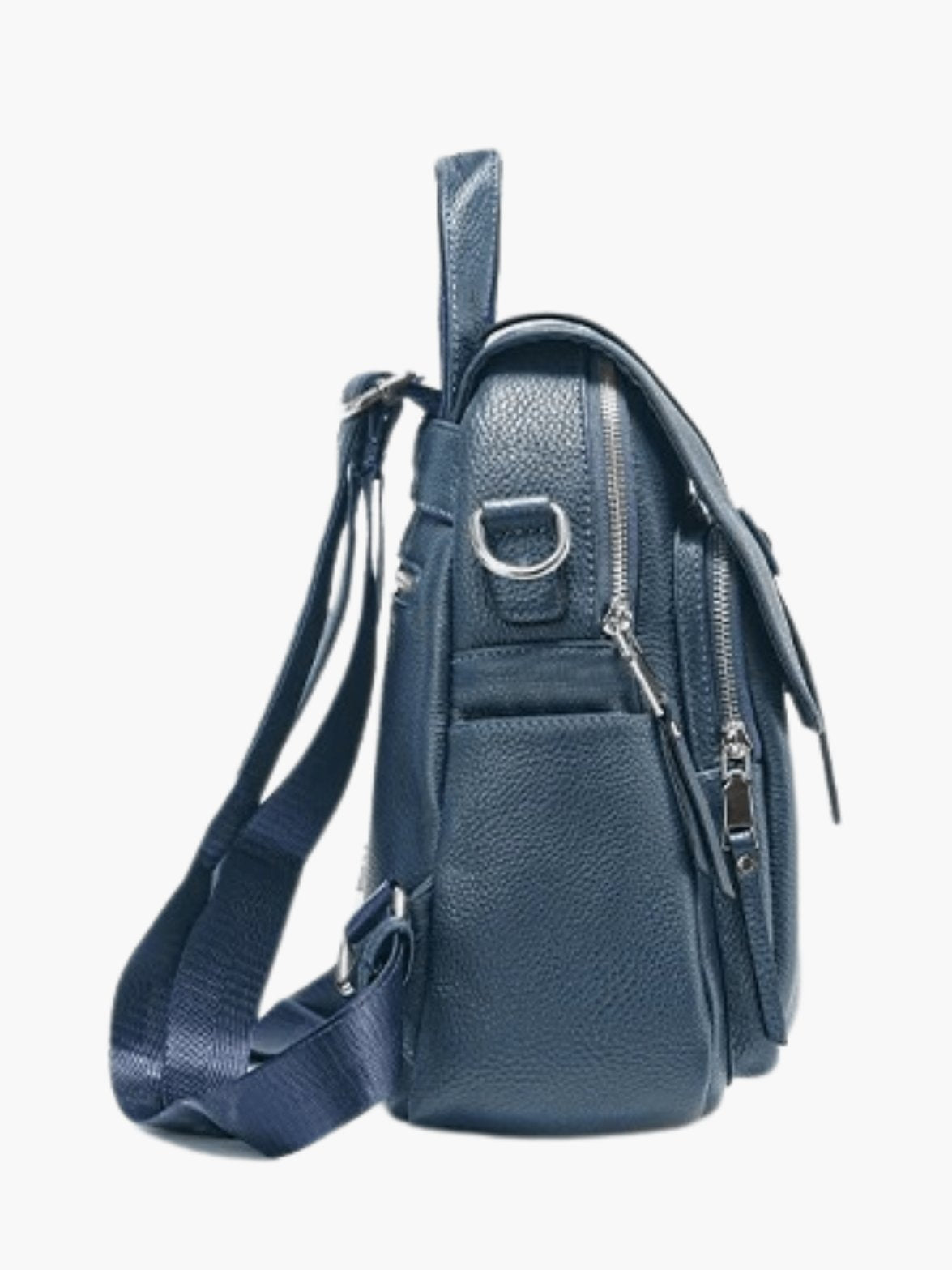 Sac à dos en cuir bleu vue latérale doux