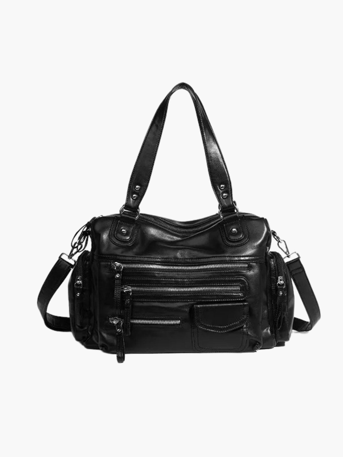 Sac en cuir noir élégant vue avant soleil
