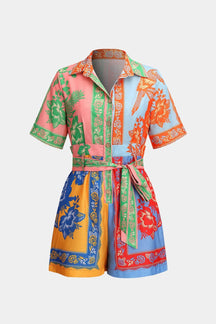 Salopette courte fleurie en lin multicolore soleil