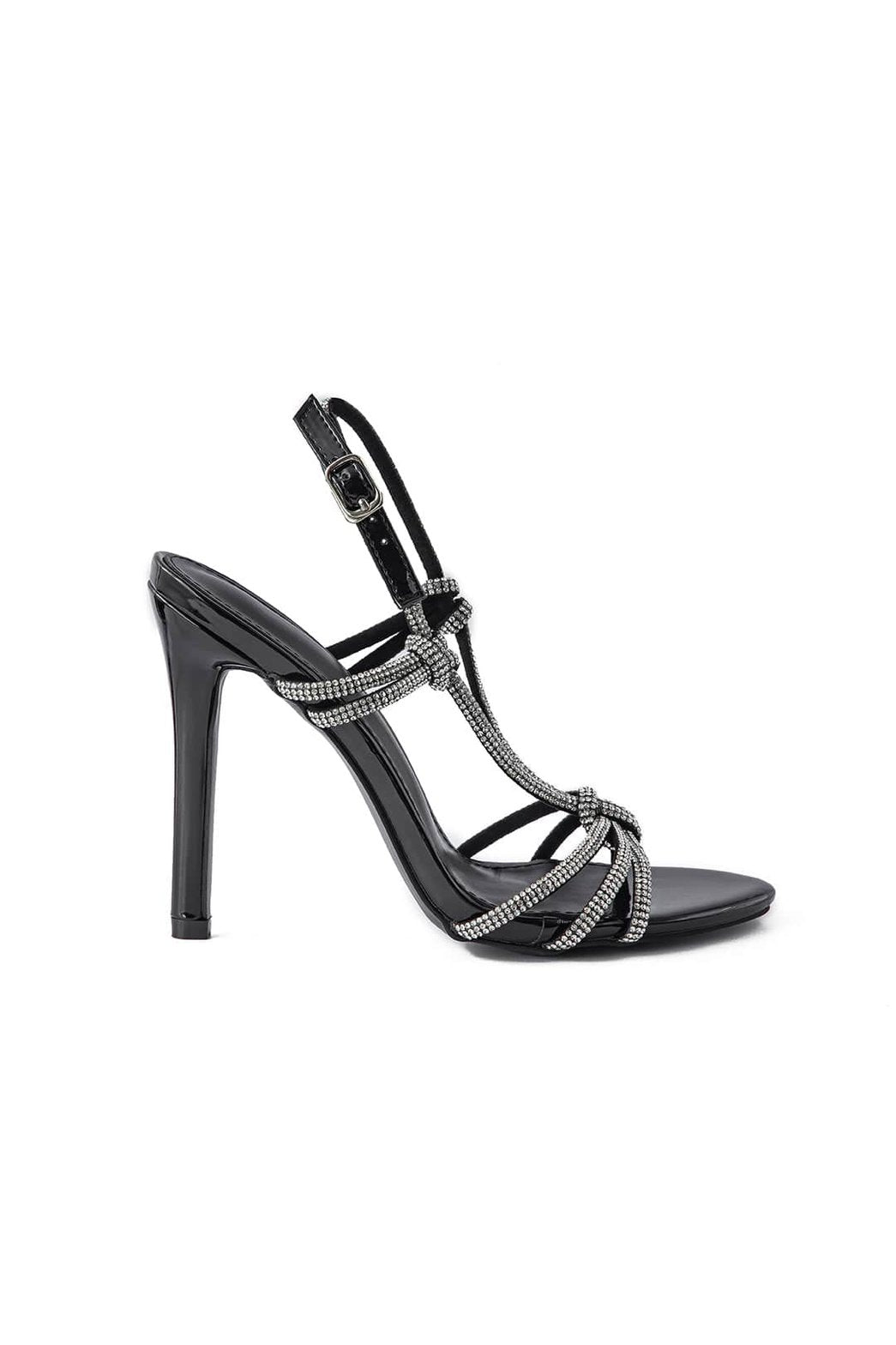 Vue latérale sandale à talon noir avec détails strass étoile