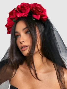 Serre-tête roses rouges et voile noir élégant - Mystique
