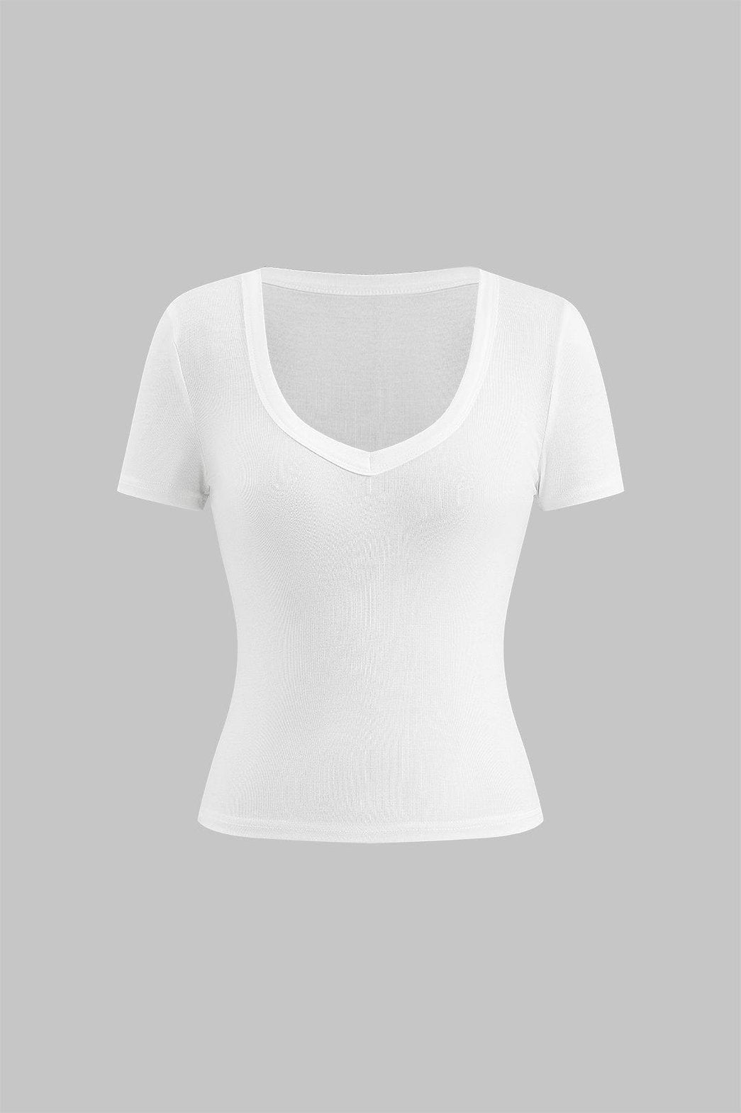 T-shirt blanc col V ajusté vue de face soleil