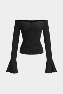 Top bardot noir drapé vue de face flocon