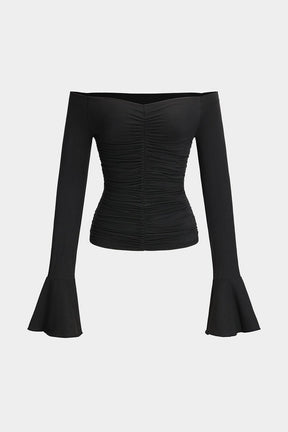 Top bardot noir drapé vue de face flocon