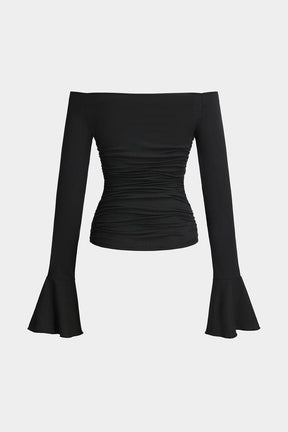 Top bardot noir drapé vue de dos cristal