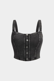 Top cami denim noir à boutons métalliques vue de face soleil
