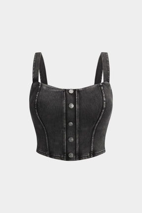 Top cami denim noir à boutons métalliques vue de face soleil