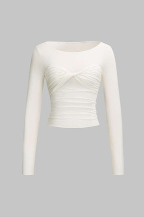Top blanc drapé manches longues vue de face soleil