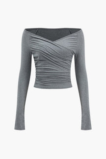 Top drapé épaules dénudées gris douceur