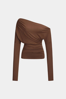 Top asymétrique drapé marron vue de face papillon