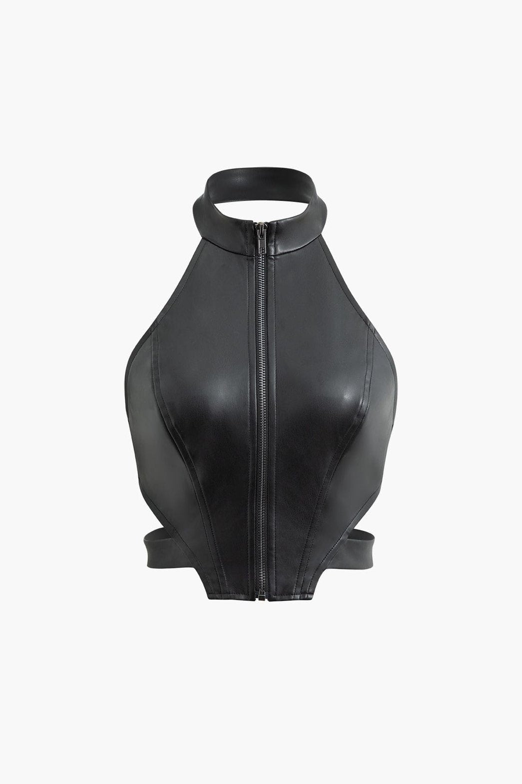 Top noir en simili cuir avec zip frontal élégant
