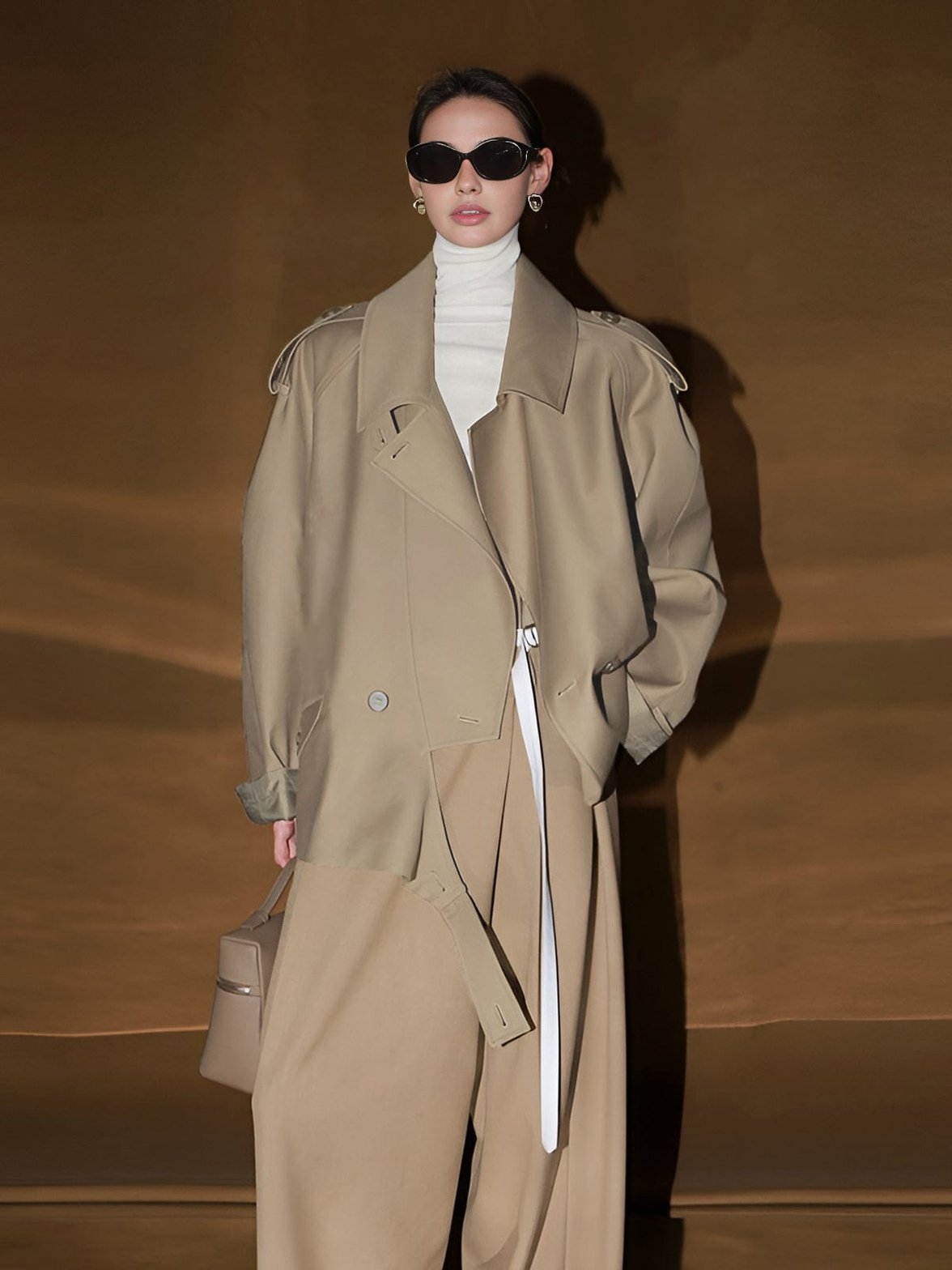 Trench asymétrique beige détail ceinture vent