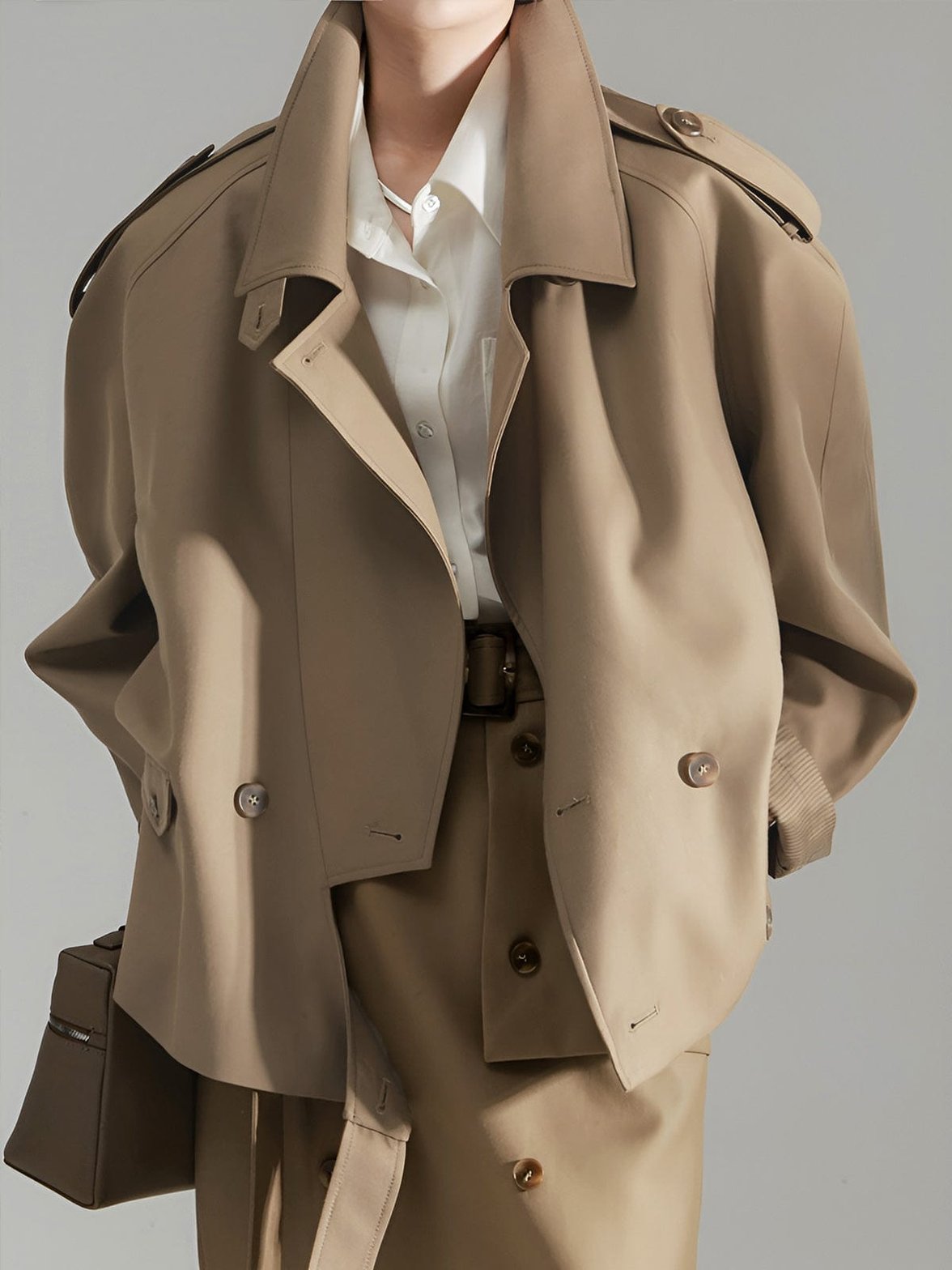 Trench coat beige asymétrique élégant vue de face harmonie