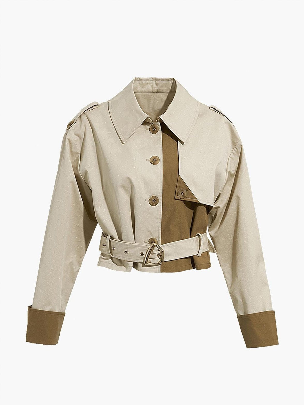 Trench court bicolore beige et kaki vue de face soleil