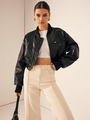 Veste bomber en simili cuir noir style vintage voile