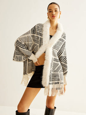 Veste châle motif géométrique blanc et noir sublime