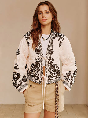 Veste bohème motif floral blanc et noir soleil