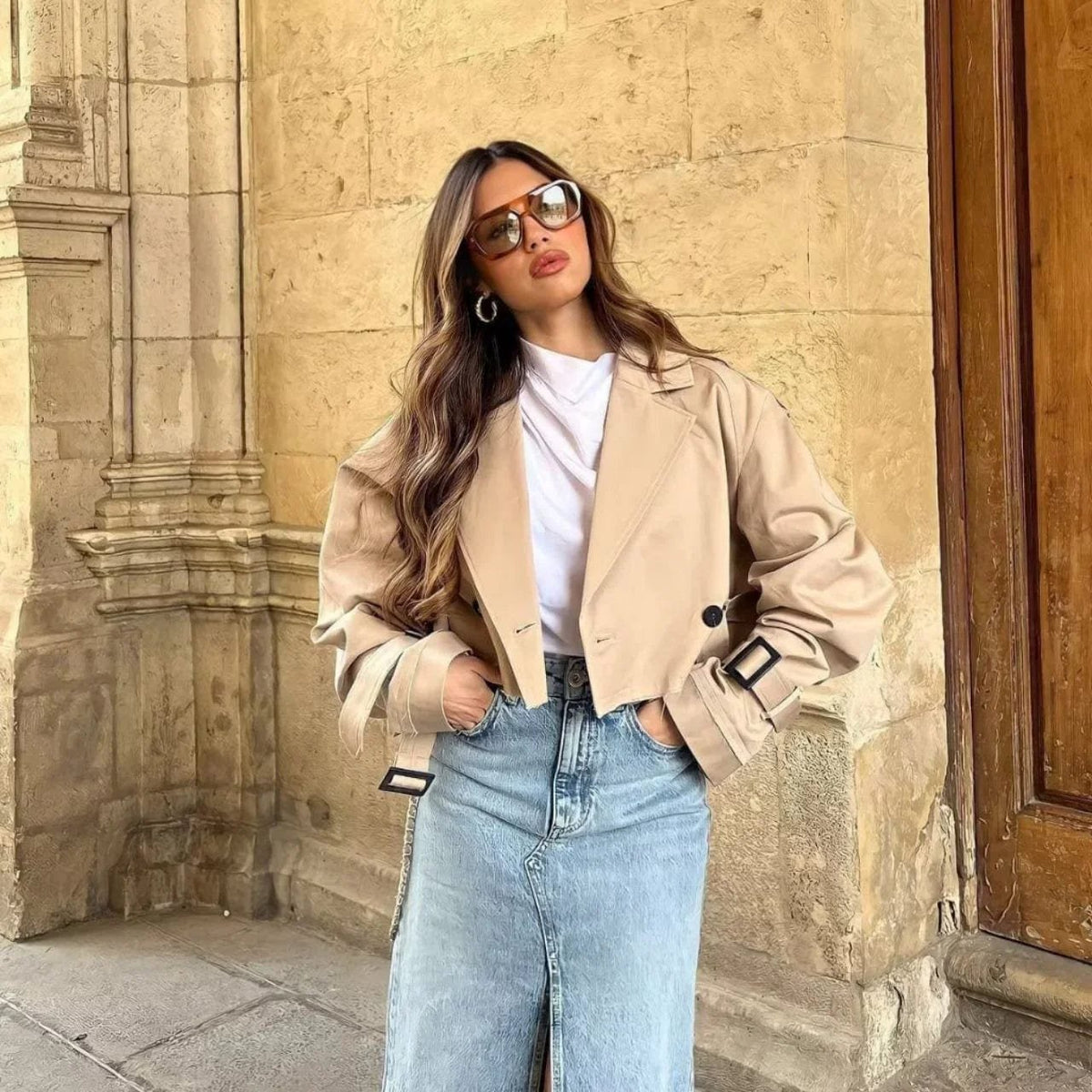 Veste croisée beige élégante soleil