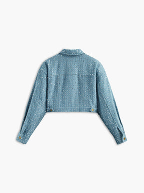 Veste denim pailletée bleue vue détail soleil