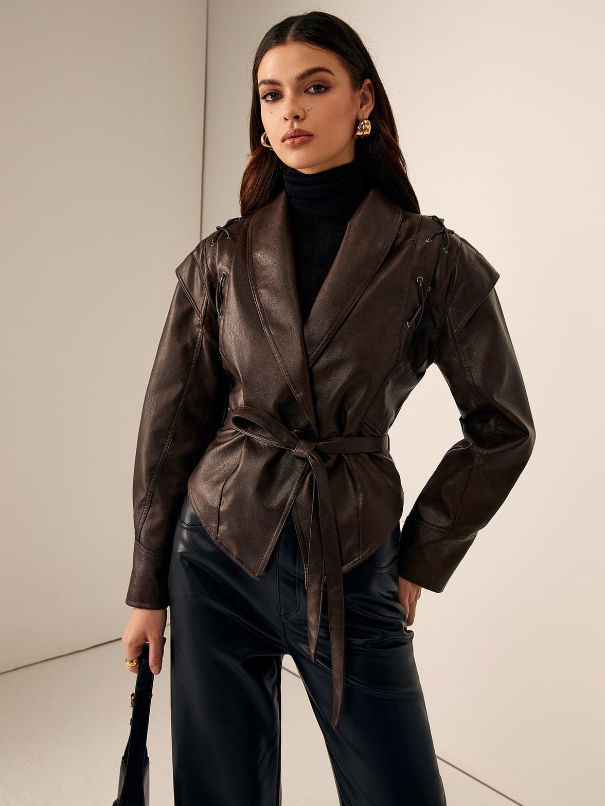 Veste marron simili cuir ceinturée élégante presto