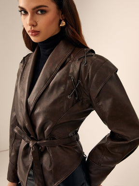 Veste similicuir marron détail manche saphir
