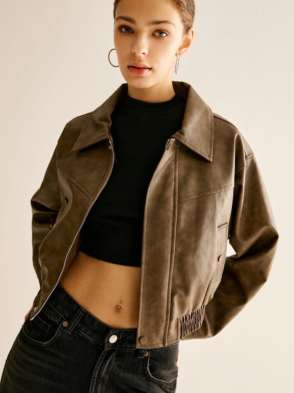 Veste similicuir marron tendance étoile