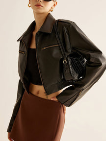 Veste courte en similicuir noir élégant velours