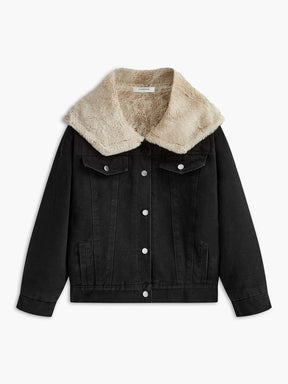 Veste denim noir col fourrure vue de face étincelle