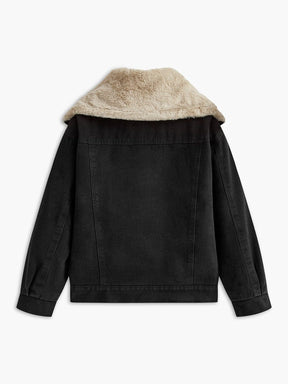 Veste denim noir col fourrure vue de côté douceur
