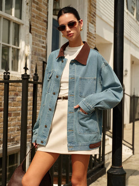 Veste en jean décontractée col marron vue avant soleil