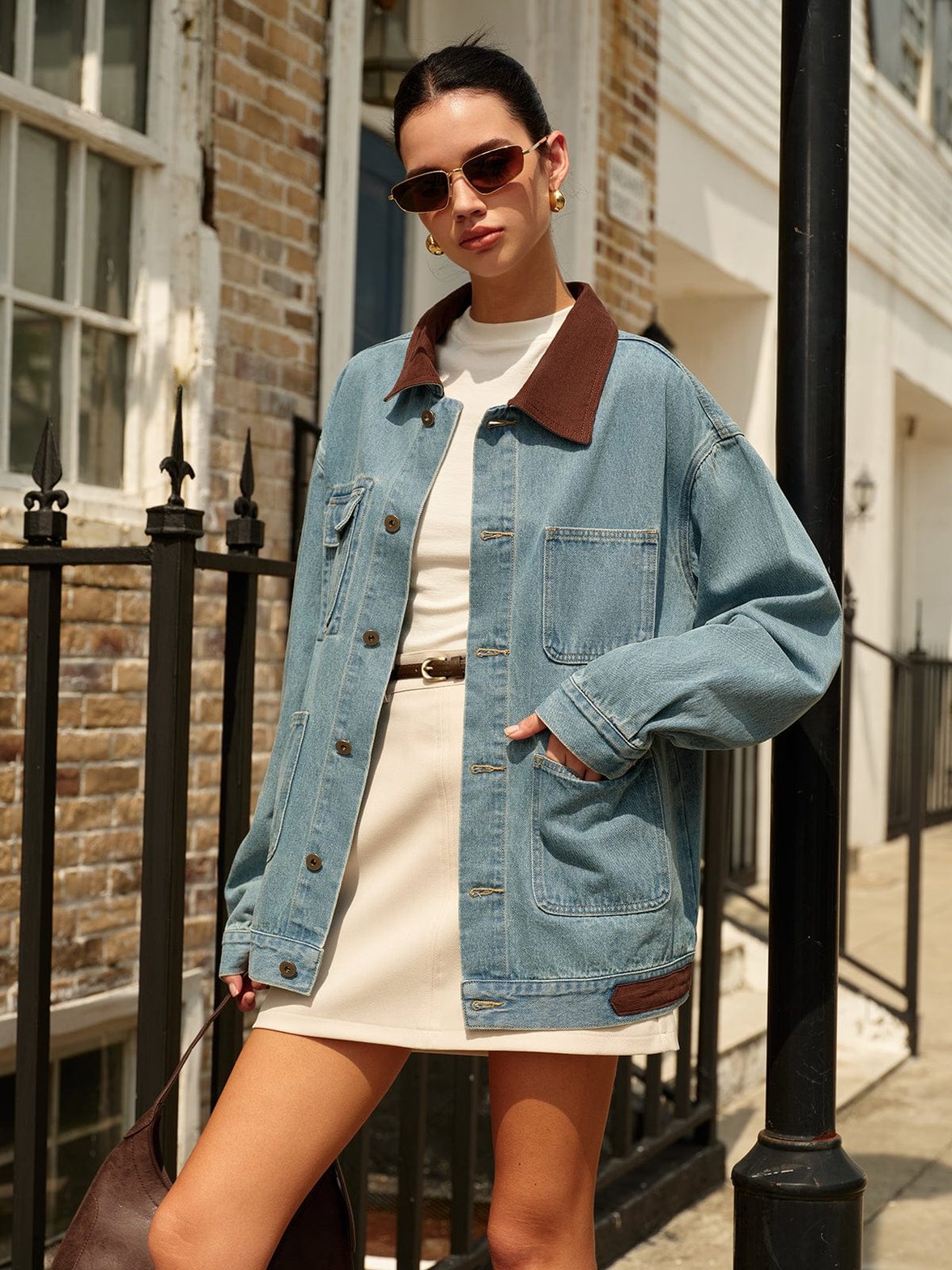 Veste en jean décontractée col marron soleil