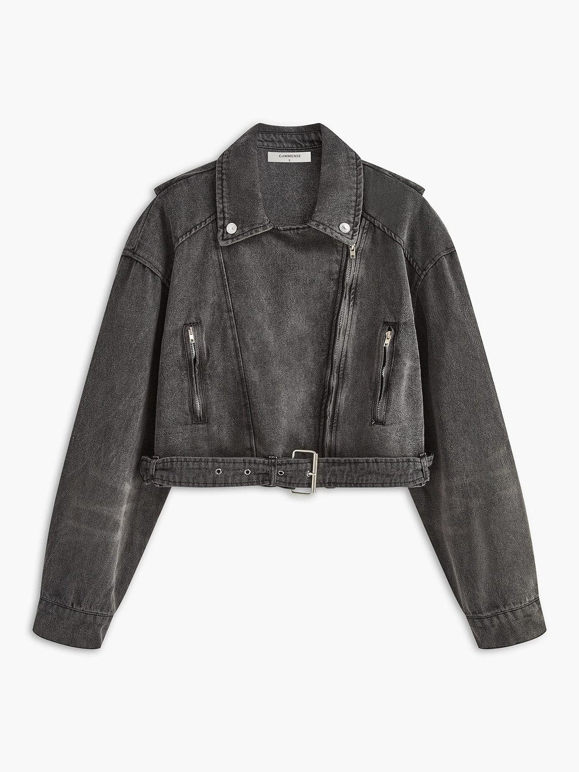 Veste en jean vintage grise zippée vue de face soleil