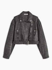 Veste en jean vintage grise zippée vue de face soleil