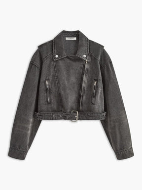 Veste en jean vintage grise zippée vue de face soleil