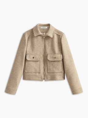 Veste tweed beige élégante vue de face soleil