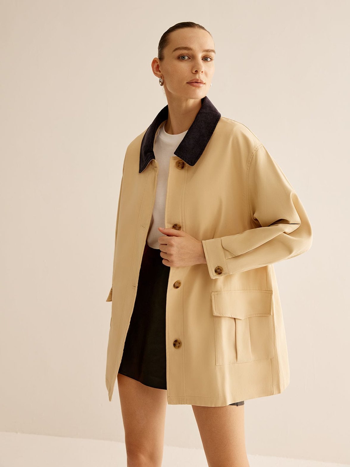 Veste oversize beige col contrasté noir soleil