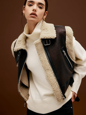 Veste sans manches en faux cuir et polaire beige étincelle